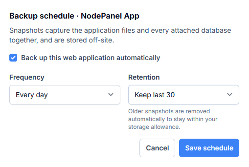 Backup schedule dialog with automatic backups switched on, the frequency set to every day and retention set to keep the last 30 snapshots.